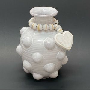 Mud Pie White Terra Cotta Ceramic Beaded Vase Wood Beads & Heart Embellishment